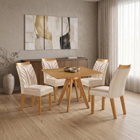 Conjunto Sala de Jantar Mesa Liz Quadrada Tampo Amadeirado 4 Cadeiras Veneza New Cinamomo Yescasa