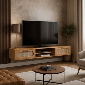 Rack Suspenso Santorini 180cm Nature Design Moderno 2 Gavetas Rusticas com Tela Palha Sintetica