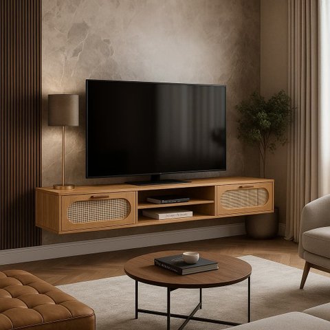 Rack Suspenso Santorini 180cm Nature Design Moderno 2 Gavetas Rusticas com Tela Palha Sintetica