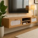 Ver imagem 3 de Rack Suspenso Santorini 180cm Nature Design Moderno 2 Gavetas Rusticas com Tela Palha Sintetica