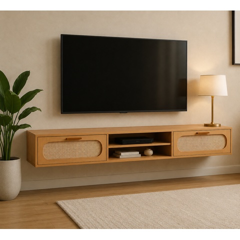 Rack Suspenso Santorini 180cm Nature Design Moderno 2 Gavetas Rusticas com Tela Palha Sintetica