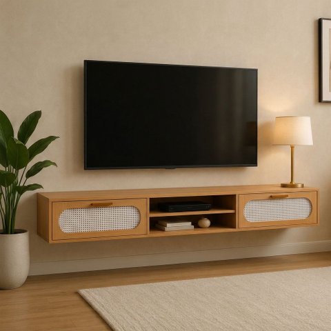 Rack Suspenso Santorini 180cm Nature Design Moderno 2 Gavetas Rusticas com Tela Palha Sintetica