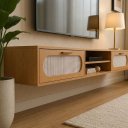 Ver imagem 4 de Rack Suspenso Santorini 180cm Nature Design Moderno 2 Gavetas Rusticas com Tela Palha Sintetica