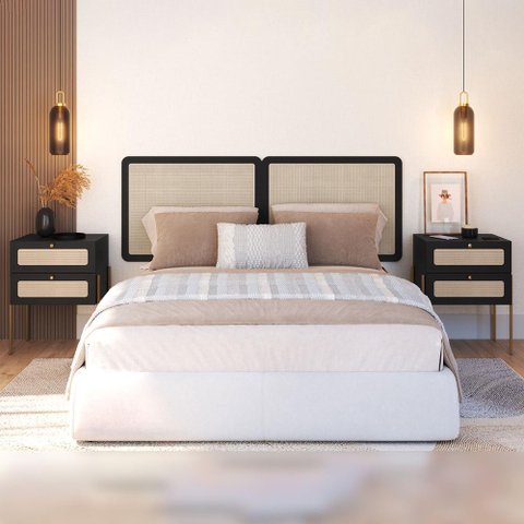 Cabeceira Casal 160cm e 2 Mesas de Cabeceira com 2 Gavetas Cor:nero com Dourado