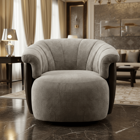 Poltrona Decorativa Giratória Luxuosa Linho Bege Aveludado Detalhe Courino Marrom Sala Hall Estudios