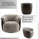Ver imagem 3 de Poltrona Decorativa Giratória Luxuosa Linho Bege Aveludado Detalhe Courino Marrom Sala Hall Estudios