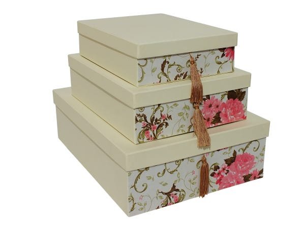 Conjunto de caixas organizadoras com Tecido Frontal e pingente Bege Floral.