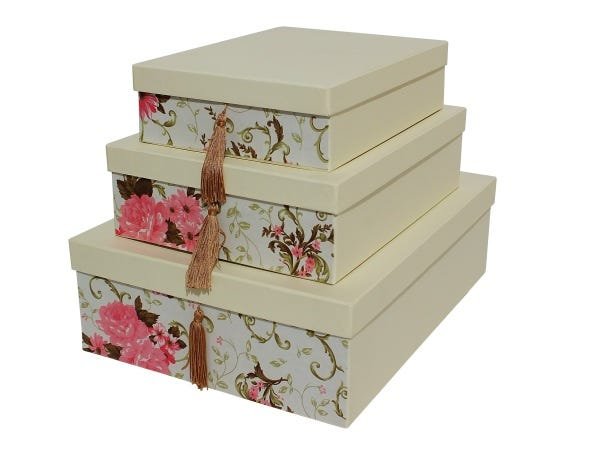 Conjunto de caixas organizadoras com Tecido Frontal e pingente Bege Floral. - 2