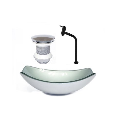 CUBA DE VIDRO OVAL CHANFRADA 46CM PRATA + VALVULA + TORNEIRA METAL PRETA