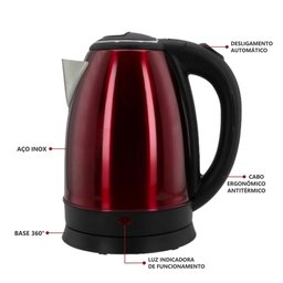 Chaleira Elétrica 1,8l em Inox Vermelha 220v 1500w Rápida Fervura - 2