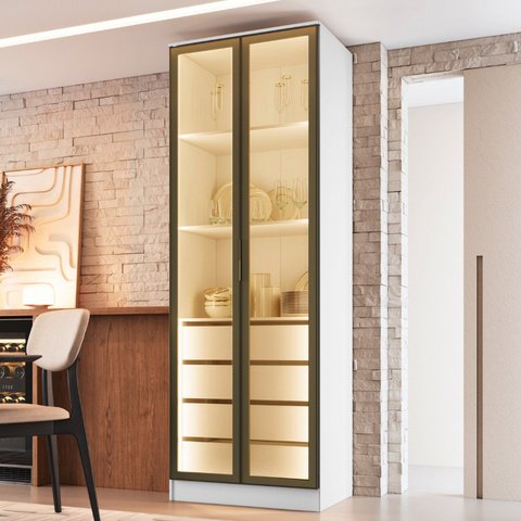 Cristaleira 2 Portas com LED e 4 Gavetas em MDF Branco Lumini