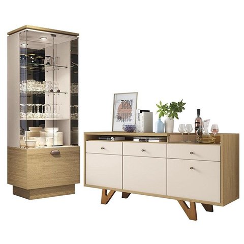 Sala de Jantar com Cristaleira e Buffet Aparador Diamante Freijó/off White - Pr Móveis