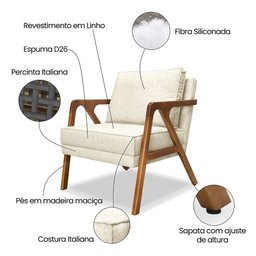 Kit 02 Poltronas Decorativa Laura Linho Base Madeira - SSX Multicoisas Bege Claro - 6