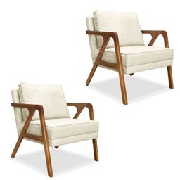Kit 02 Poltronas Decorativa Laura Linho Base Madeira - SSX Multicoisas Bege Claro - 1