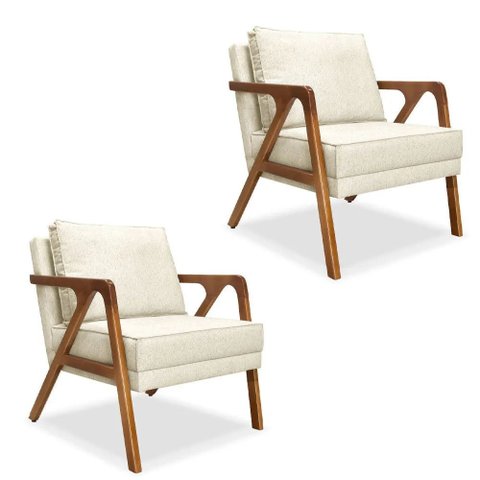 Kit 02 Poltronas Decorativa Laura Linho Base Madeira - SSX Multicoisas Bege Claro
