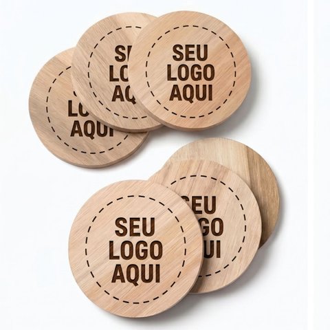 Kit 6 Porta Copos Bolacha Madeira Personalizada com Logo