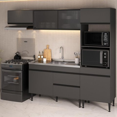 Armário de Cozinha Modulada Completa com Pia 251,5cm Milano Multimóveis MCR2462 Grafite