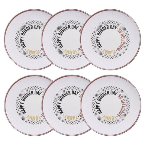 6 Pratos Hambúrguer Lanche Chicago Porcelana Decorada 25cm