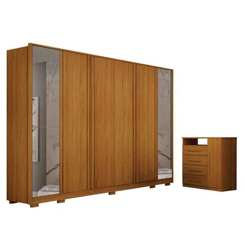 Guarda Roupa Casal Ares 6 Portas com Espelho Cinamomo com Cômoda Diamante 4 Gavetas 1 Porta Cinamomo