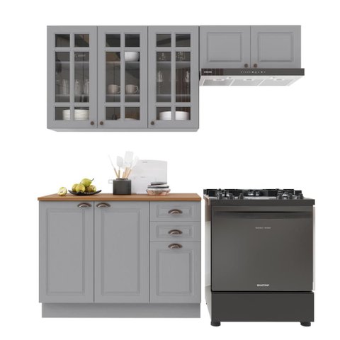 Cozinha 3 Peças Balcão com Tampo + Rodapé, Armário 3 Portas Vidro e Armário Geladeira Titânio