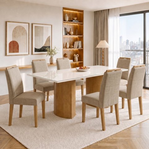 Conjunto Sala de Jantar 6 Lugares Mesa Isla e Cadeiras Lyra Cinamomo e Off White