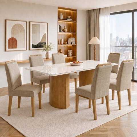 Conjunto Sala de Jantar 6 Lugares Mesa Isla e Cadeiras Lyra Tampo Vidro/MDF Cinamomo e Off White