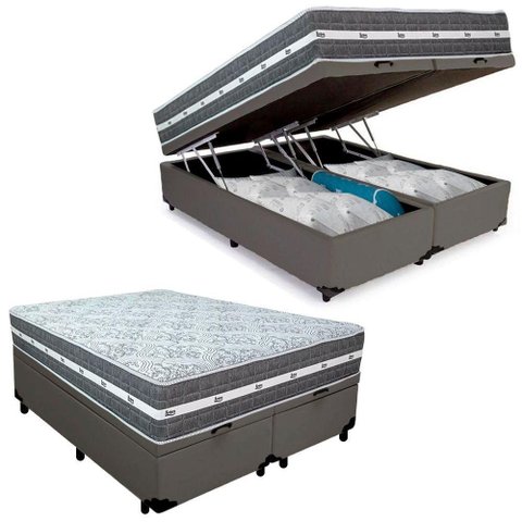 Cama Box Baú Casal Bipartido Sintético + Colchão Anjos Black Graphite Molas Ensacadas 138cm