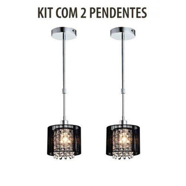 Kit 2 Pendente Para 1 Lâmpada em Seda Preto E Cristal Sirius BL - 1