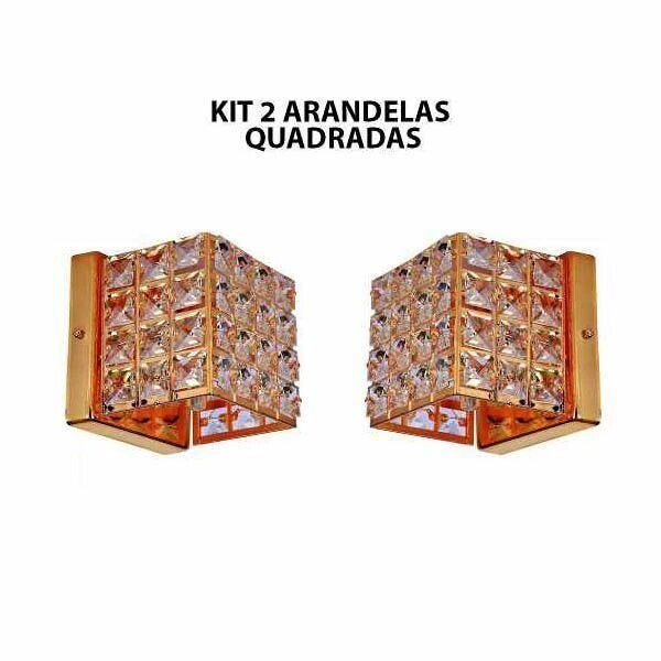 Kit 2 Arandela Parede Quadrada De Cristal Dourada Luxor BL - 1