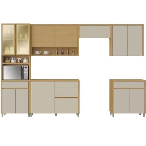 Armário de Cozinha Completa 100% Mdf 12 Portas 5 Gavetas Cléo Madeirado/off White Nesher Madeirado