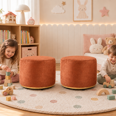 Kit 2 Puff Infantil Premium Banquinho Redondo Estofado para Quarto, Sala Pés Anti-Umidade Terracota