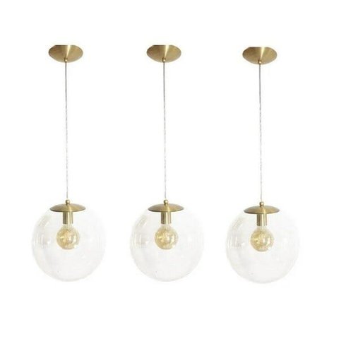 Kit 3 Pendente Redondo Esfera 20cm Dourado e Vidro Cristal Madelustre
