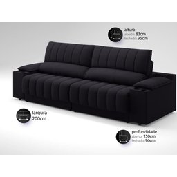 Sofá com Porta Copos e Carregador USB Retrátil e Reclinável Murano 2,00m Velosuede Preto - - 3