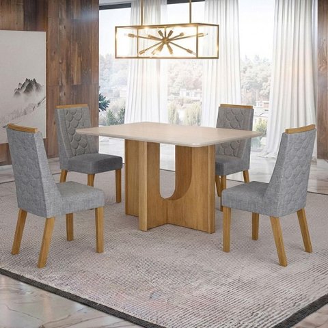 Mesa de Jantar Dora 120x80 Vidro 25mm Cinamomo Off White com Kit 4 Cadeiras Linho Prata- Valdemó