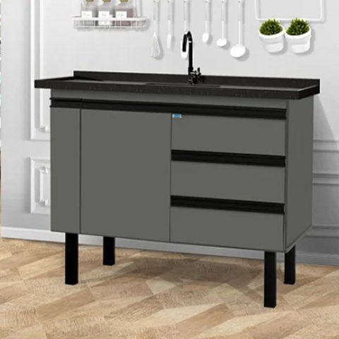 Gabinete de Cozinha 3 Gavetas Armário de Pia 1 Porta 114cm: Cinza Fosco