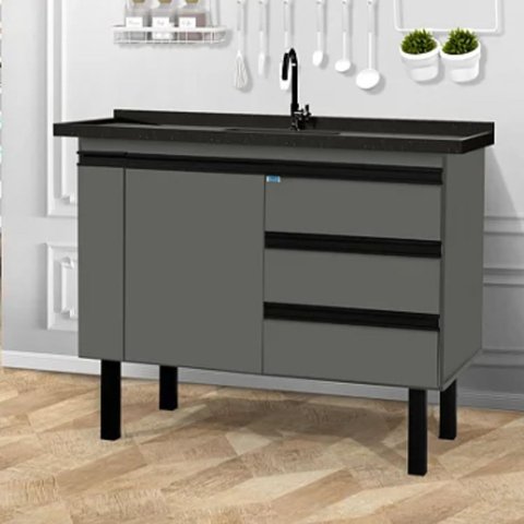 Gabinete de Cozinha 3 Gavetas Armário de Pia 1 Porta 114cm: Cinza Fosco