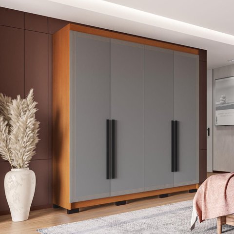 Roupeiro Solteiro Valência 4 Portas 4 Gavetas 161x214cm Freijó/Cinza 240833