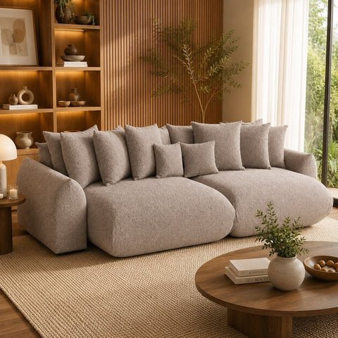 Sofá Retrátil 5 Lugares Bouclê Armani 2,70 Mts Amêndoa