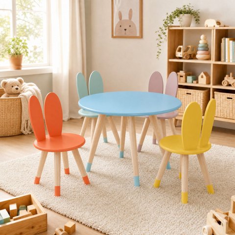 Conjunto Coelho Mesa 4 Cadeiras Infantil Pintura PU:Colorido