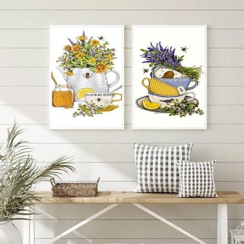 Kit 2 Quadros Decorativos Chá com Mel 24x18cm - com Vidro:madeira Branca