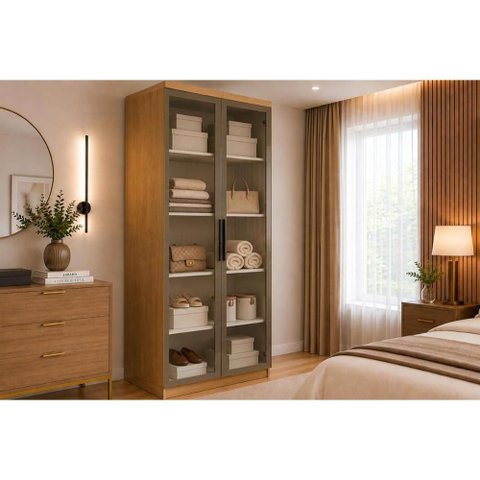 Guarda Roupa Modulado 2PTAS Vidro Rizon N. Horizonte Cumaru