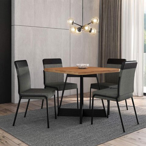 Mesa Jantar Quadrada 90cm + 4 Cadeiras Duo Estofadas Np Cor:nogal com Grafite