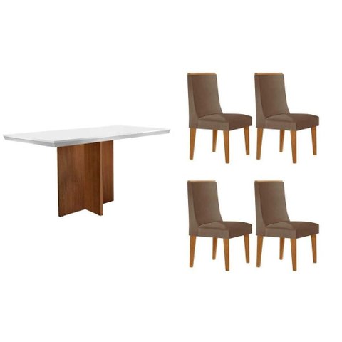 Conjunto: Mesa Sala Jantar Berlim Curvo 120cm + 4 Cadeiras Dakota Naturale/off White - Corano