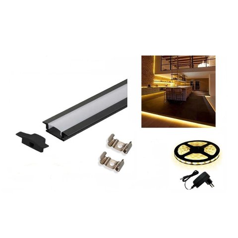 Perfil Alumínio Preto Embutir + Fita Led Quente + Fonte 2m