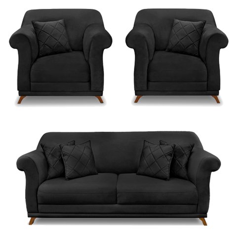 Kit 2 Poltronas e Sofá Living 2 Lugares 1,80m Vênus Veludo Pés Castanho - Pallazio - Preto