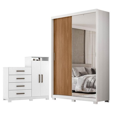 Guarda Roupa Casal Riva Branco Amêndola Touch Flex com Espelho e Pés e Cômoda Sapateira Áurea Branco