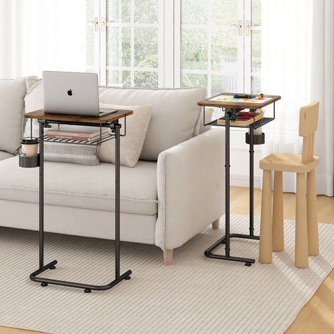 Mesa Lateral Multiuso para Notebook com Cesto e Porta-copos Preto