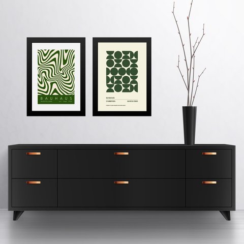 Kit 2 Quadros Gravuras Artes Bauhaus Verdes 24x18cm:moldura Preta