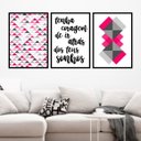 Ver imagem 1 de Kit 3 Quadros Geométrico Tenha Coragem Rosa 45x34cm - com vidro:Madeira preta