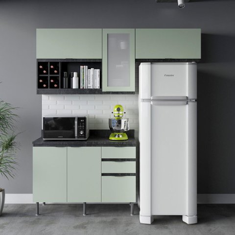 Cozinha Modulada Esmeralda Aéreo e Balcão 200cm Porta Vidro Cor:lunar com Verde Mar
